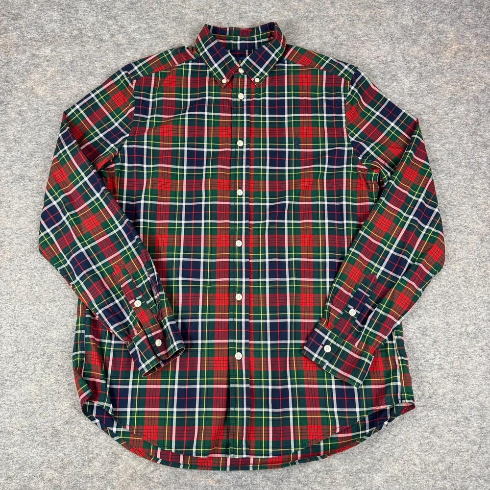 Ralph Lauren Button Down Shirt Long Sleeve Natural Stretch Plaid Boys XL 18/20